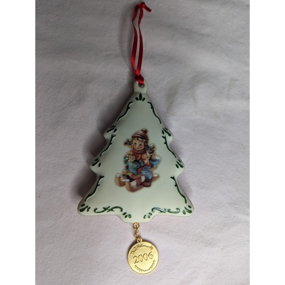 M.J. Hummel 2006 Christmas Tree child on sled Ornament 6" gold trim porcelain - Picture 1 of 4